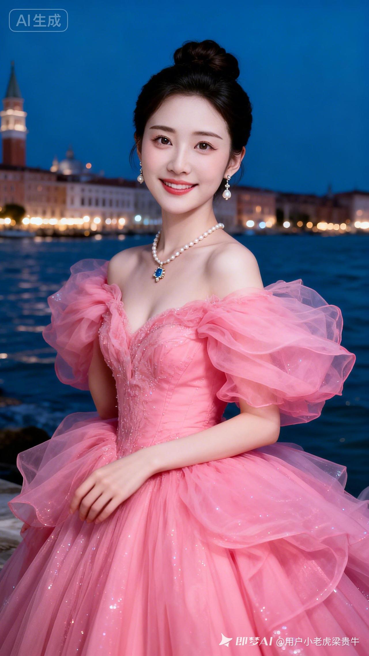 年轻女子鹅蛋脸，大眼睛灵动有神。韩式盘发优雅，冷白皮，高挑纤细身材。着粉色夸张贵