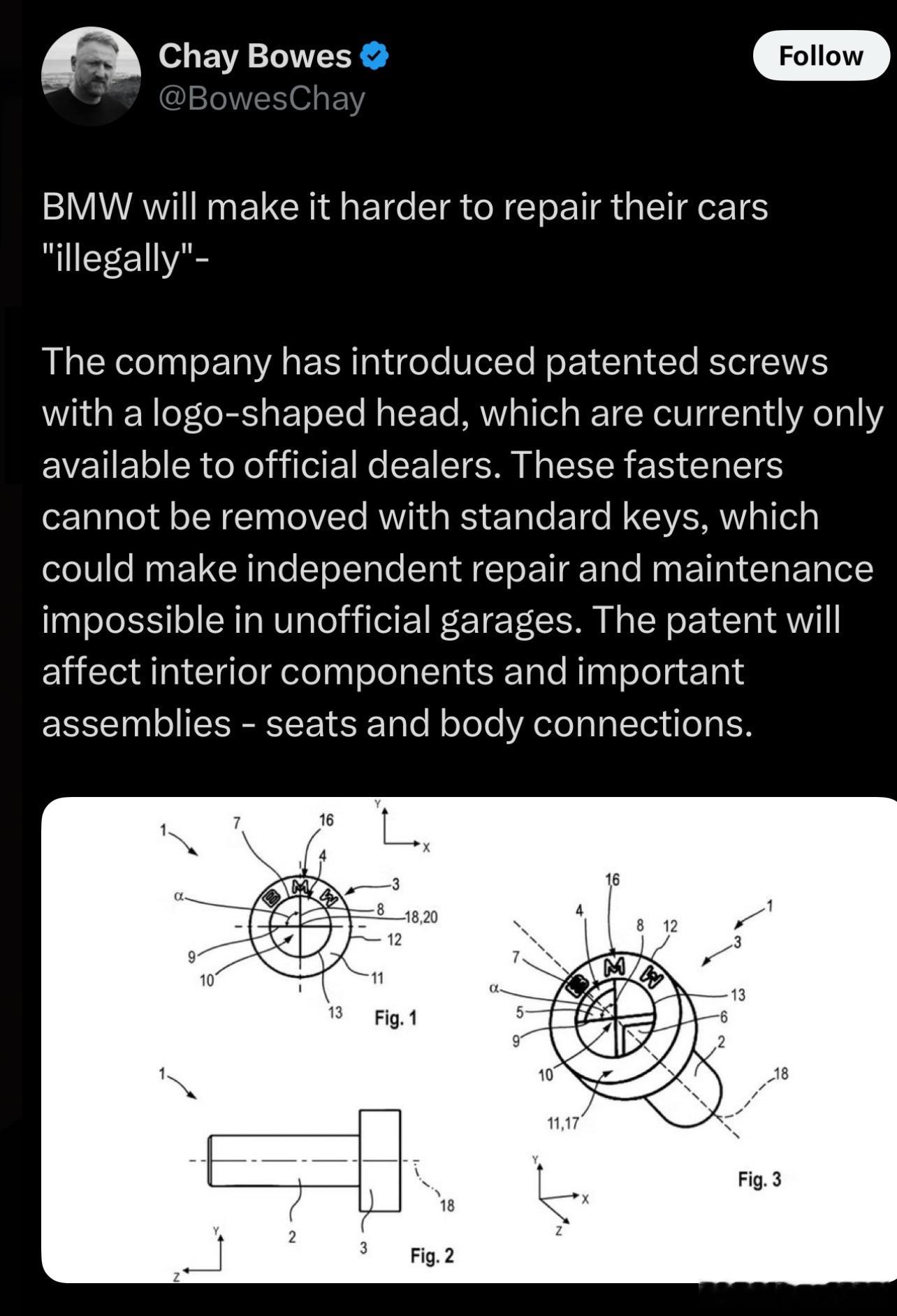 宝马将加大“非法”维修汽车的难度——该公司推出了带有标志形状头部的专利螺丝，目前