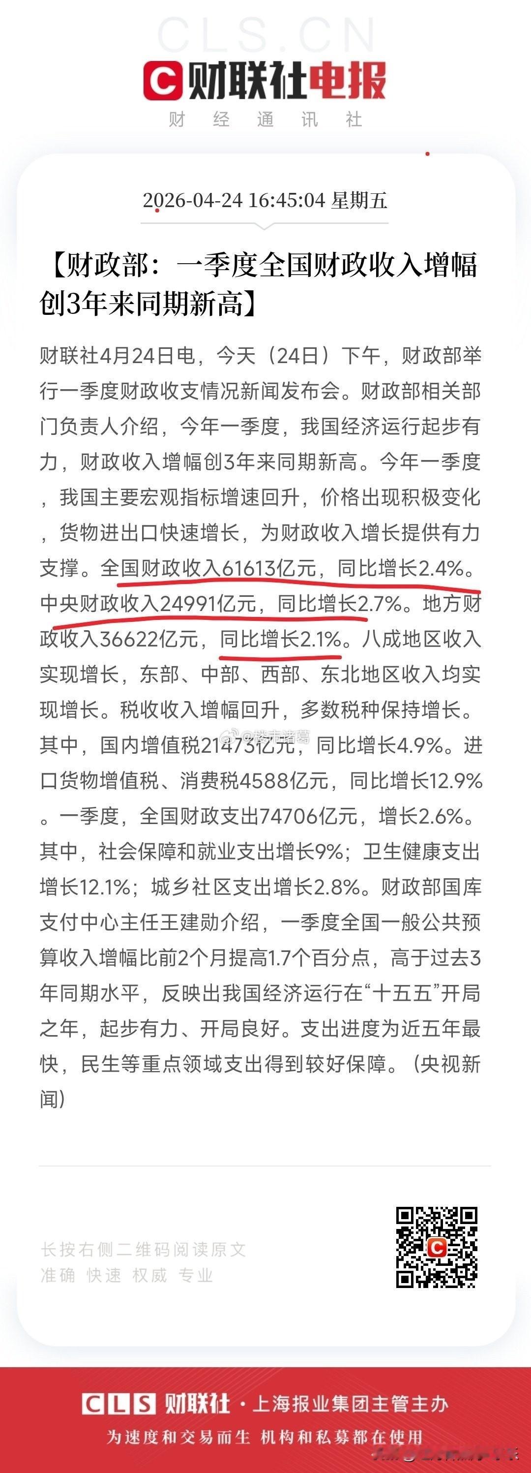 一季度，全国财政收入增幅创3年来同期新高。。