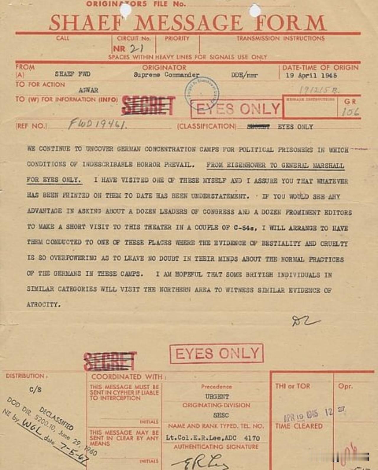 这是一份历史文献，是德怀特·D·艾森豪威尔将军在二战期间发出的一份电报，主要内容