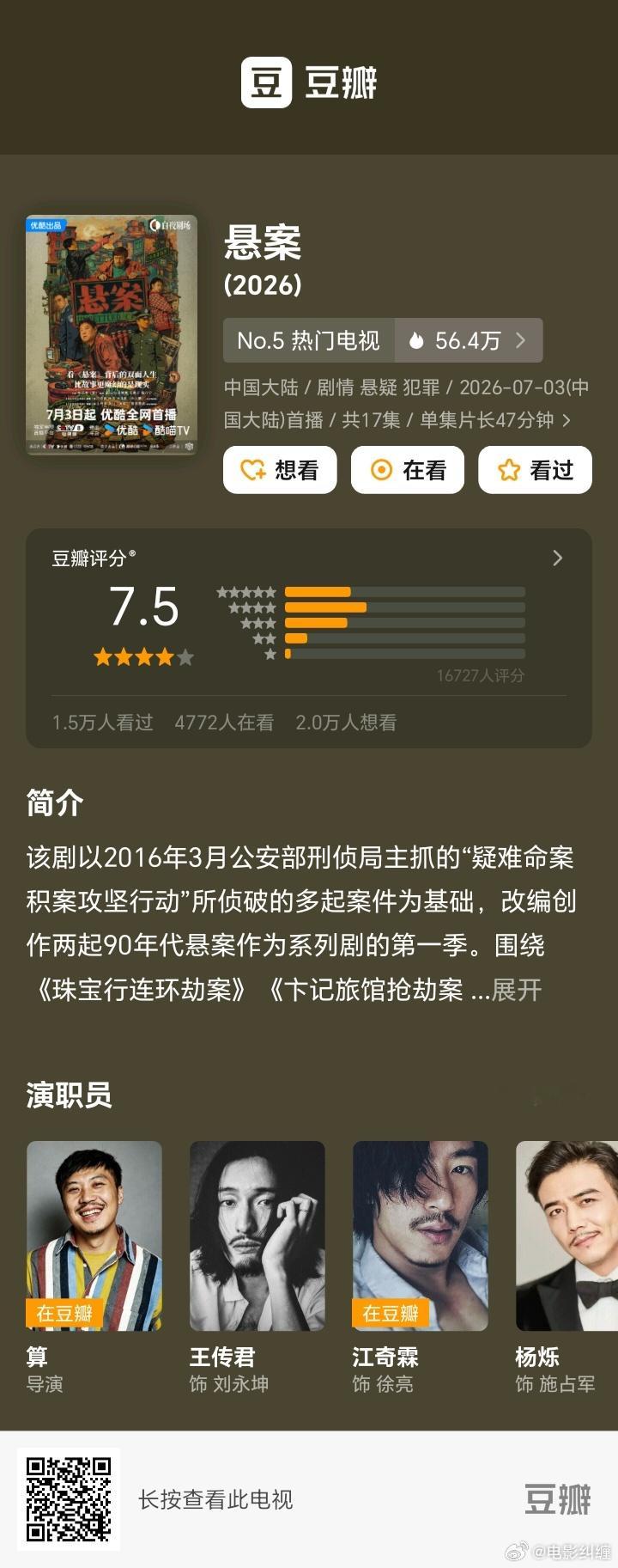 暑假档的电视剧豆瓣开分：《悬案》7.5王传君 江奇霖算导《反人类暴行》《边水往事