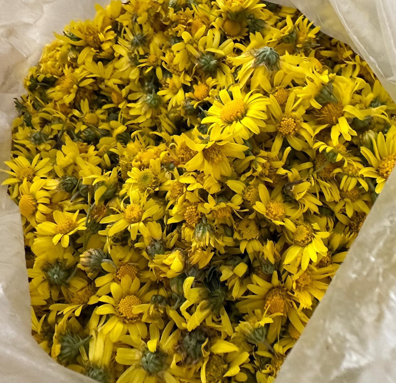 农贸市场地摊上的野菊花，刚从山上采摘下来的，黄灿灿的很可爱，香气扑鼻。卖野菊花的