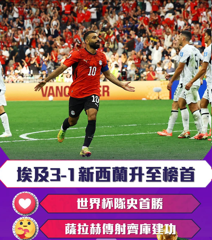 世界杯-队史首胜！萨拉赫传射齐库建功 埃及3-1新西兰升至榜首6月22日9点，2
