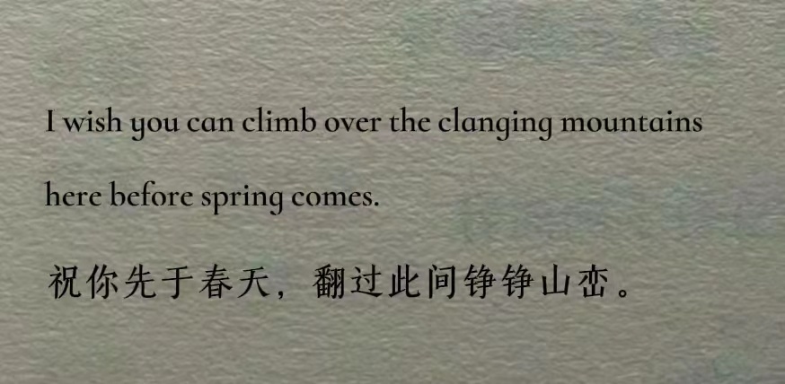祝你先于春天，翻过此间铮铮山峦。I wish you can climb ove