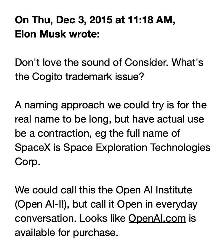 随双方诉讼曝光出来的邮件，关于 OpenAI 这个名字是怎么来的：2015 年 