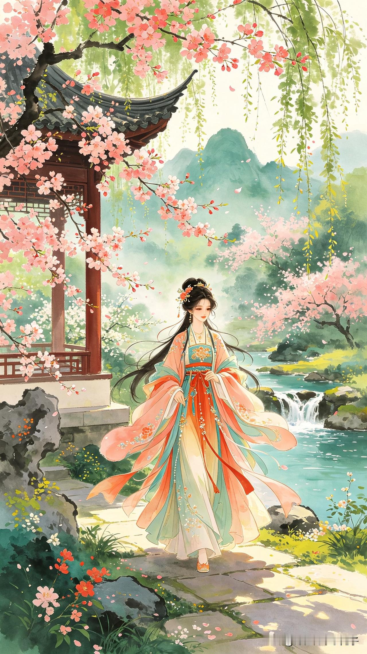 寻芳南陌踏歌行，
忽见夭桃照眼明。
折取一枝簪鬓角，
    
…………请师友续