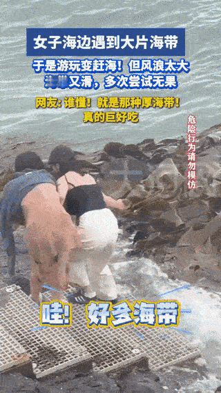 “解释不清了！”广西，两个女孩去海边游玩，不料，海里飘过来一大群海带靠在海边，这