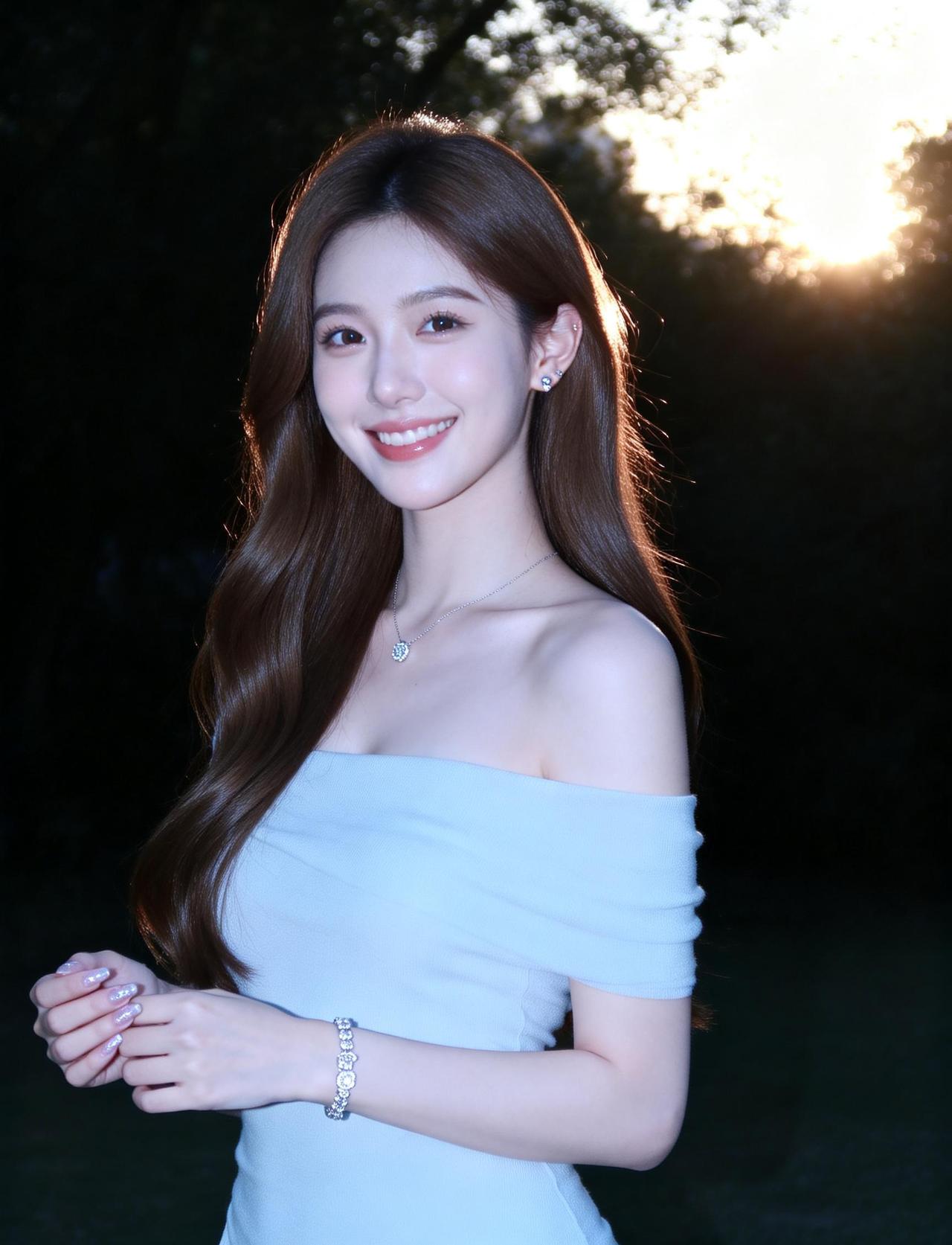 🌆 第一张：暮色氛围感
风格：温柔贵气的千金感，傍晚的逆光给发丝镀上了一层柔和