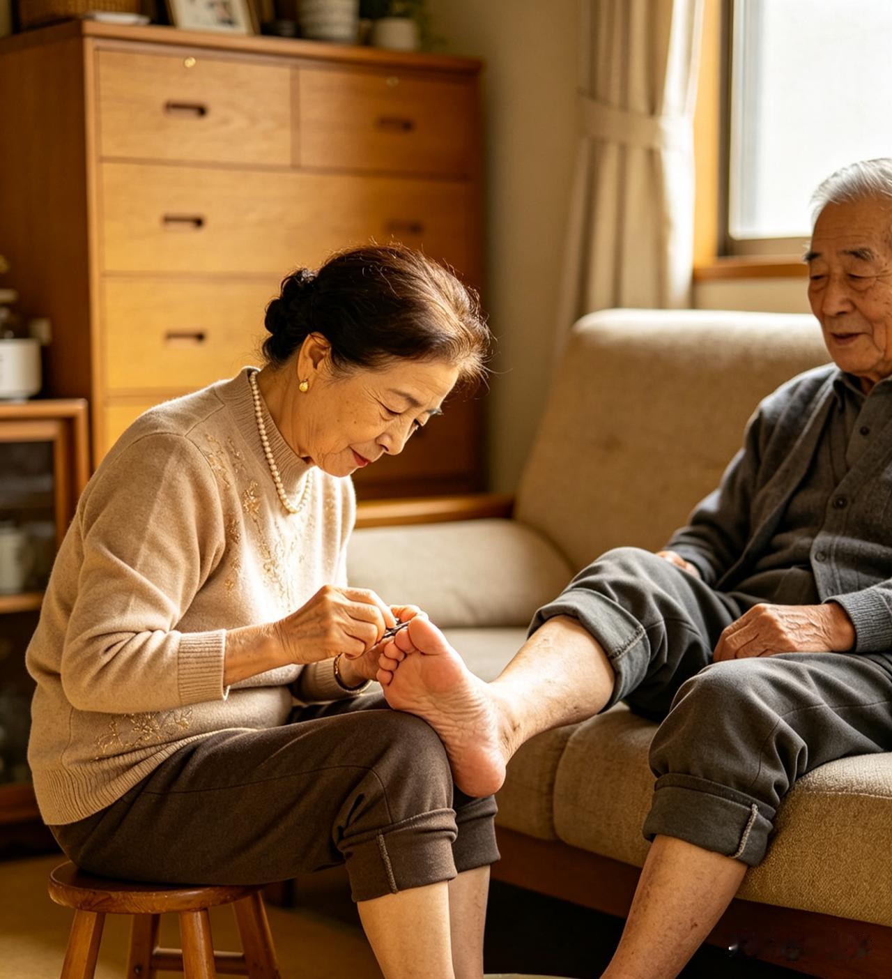 结婚47年，我第一次弯腰给老伴剪脚趾甲，心里又累又清醒。
 
今天睡醒午觉，我照