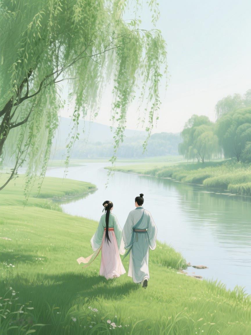 AI妙生图柳下河畔，二人并肩。时光悠然，似有岁月静流，共寻生活深处的诗意💕