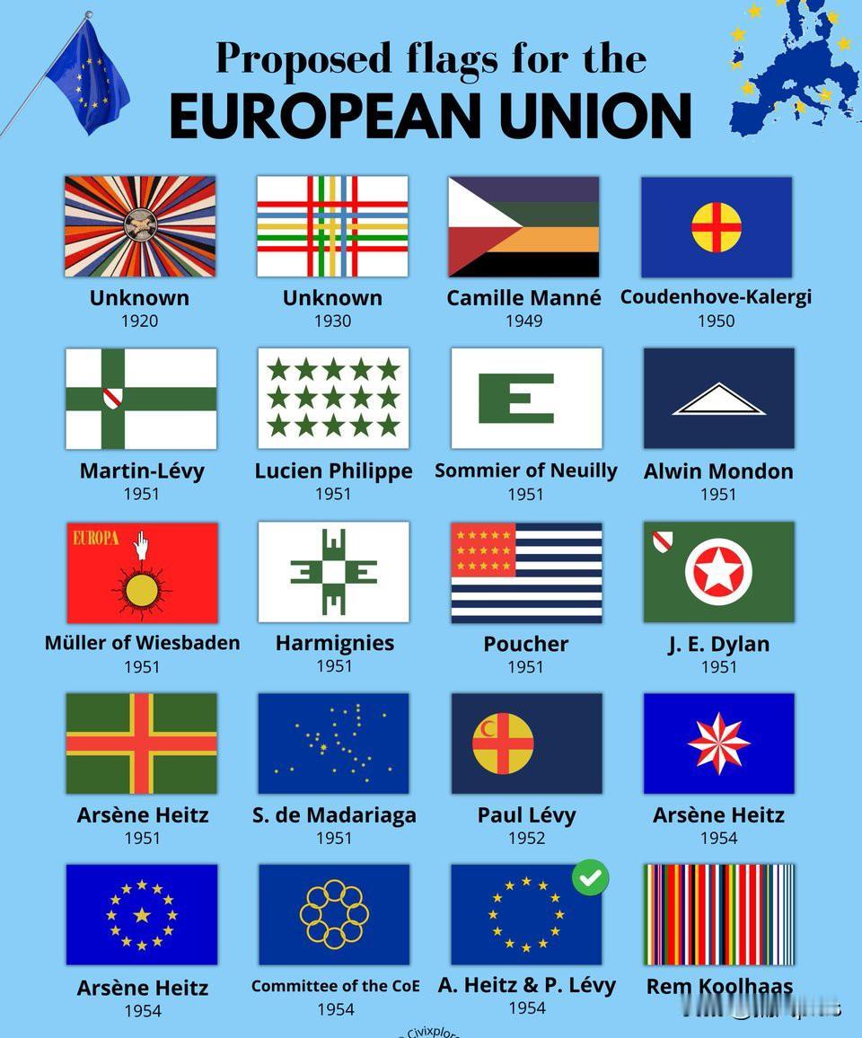 欧盟旗帜很经典，但最初也有其他很多备选旗帜设计，有的看起来还不错，有的就很奇葩了