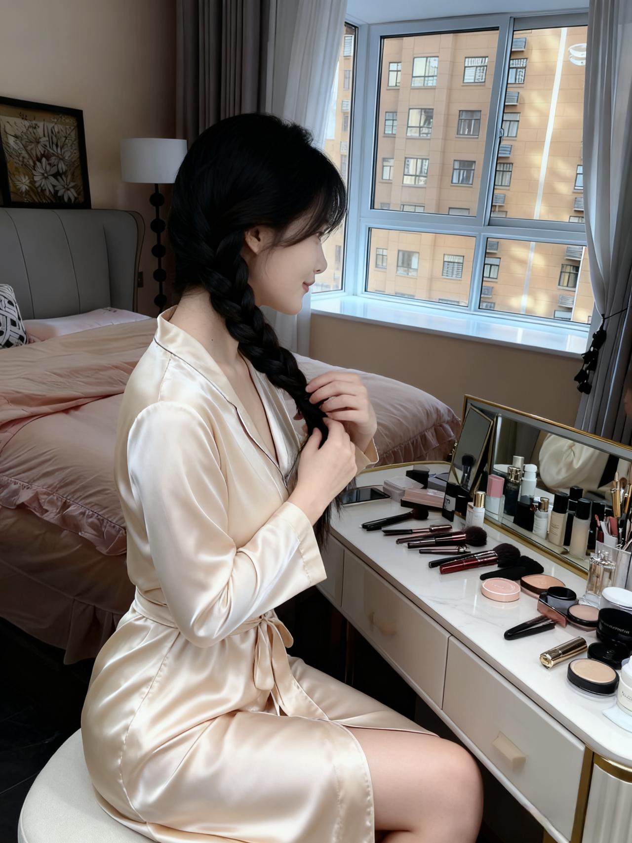 她把长发梳成一条河
流向镜子深处
梳妆台是考古现场
口红是褪色的陶片
粉饼是风化