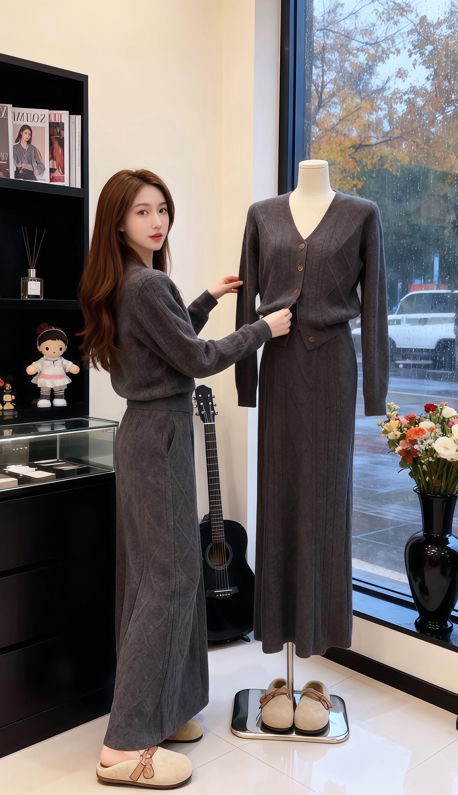 《雪天里，她的灰针织套装是温柔本身》落雪沾湿窗沿的傍晚，林微指尖碰过模...