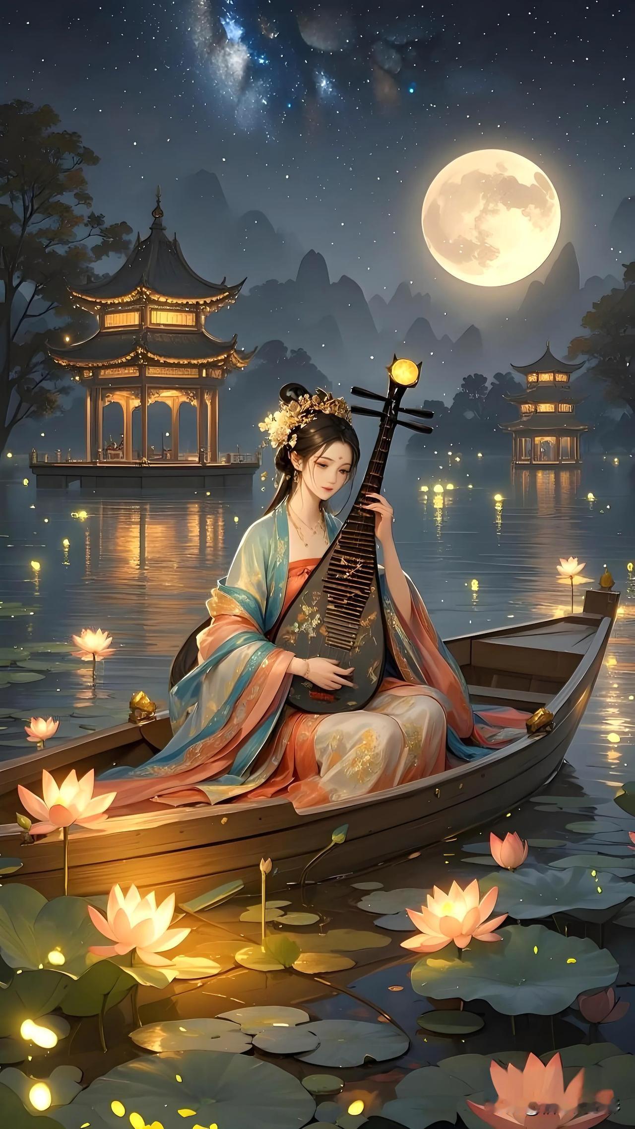 《醉梦夜游》
星流幽澜坠琼河，
风挽莲馨入云舸。
醉寻清梦知何处，
_____尾