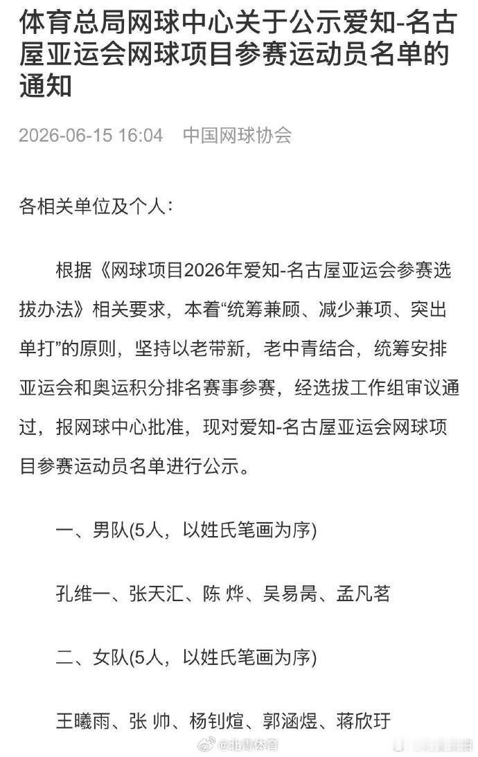 【郑钦文不参加亚运会，郑钦文王欣瑜不参加亚运会】6月15日，中国网协公布今年亚运
