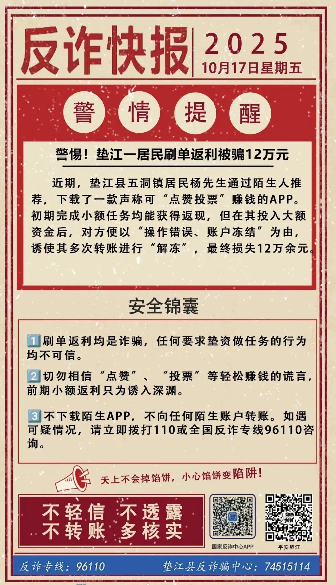 警惕❗️❗️❗️垫江一居民刷单返利被骗12万元