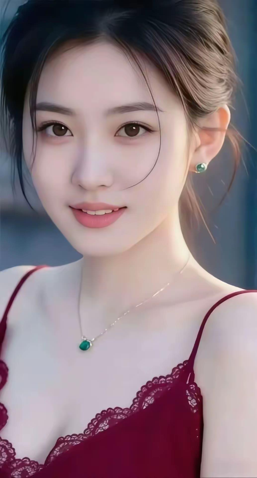 温柔微笑，绿宝石闪耀，优雅红裙，气质动人。