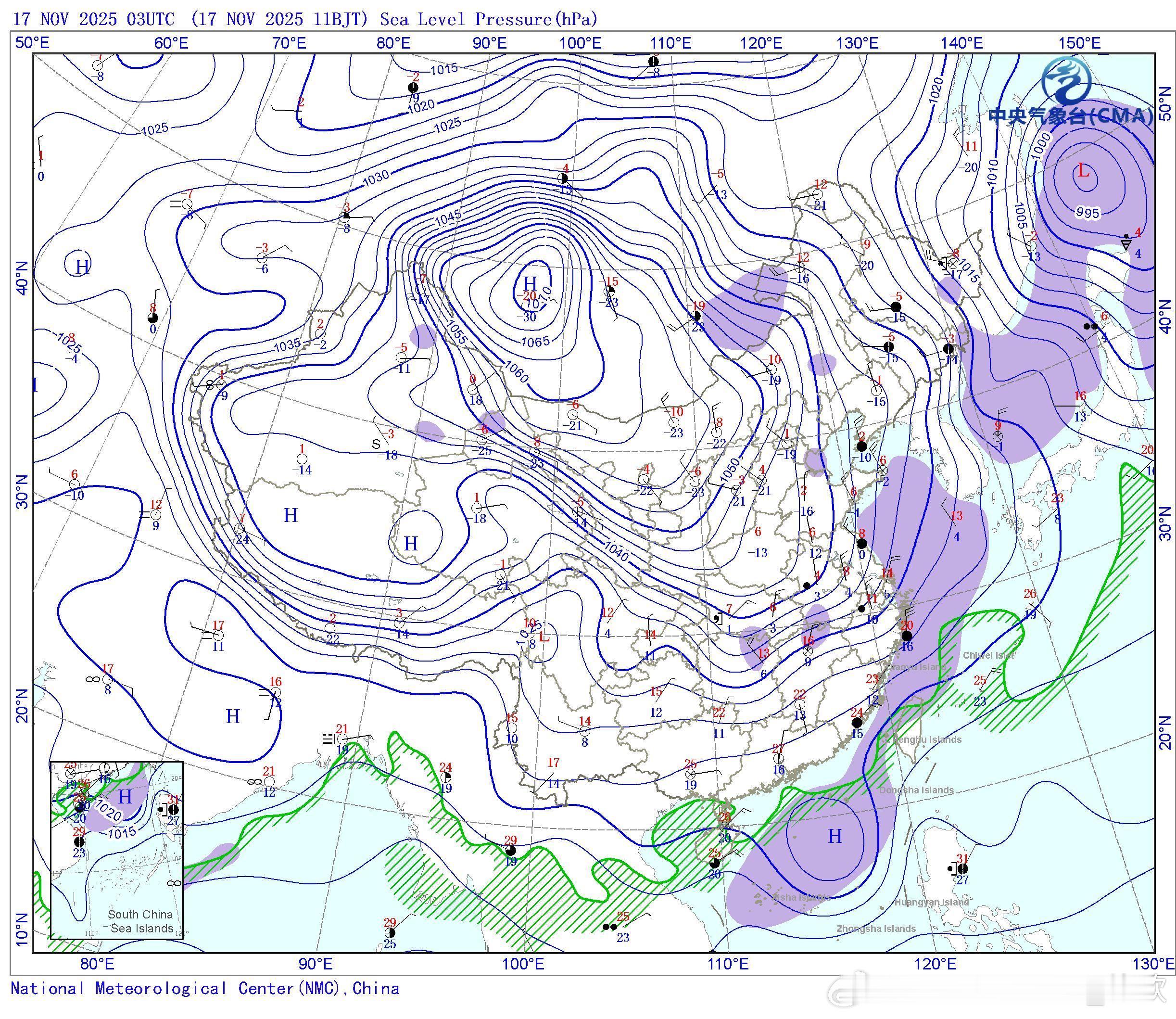 【大风】今天从实况形势场看，我国大部地区处于寒潮的冷高压控制下，在高压前部，气压