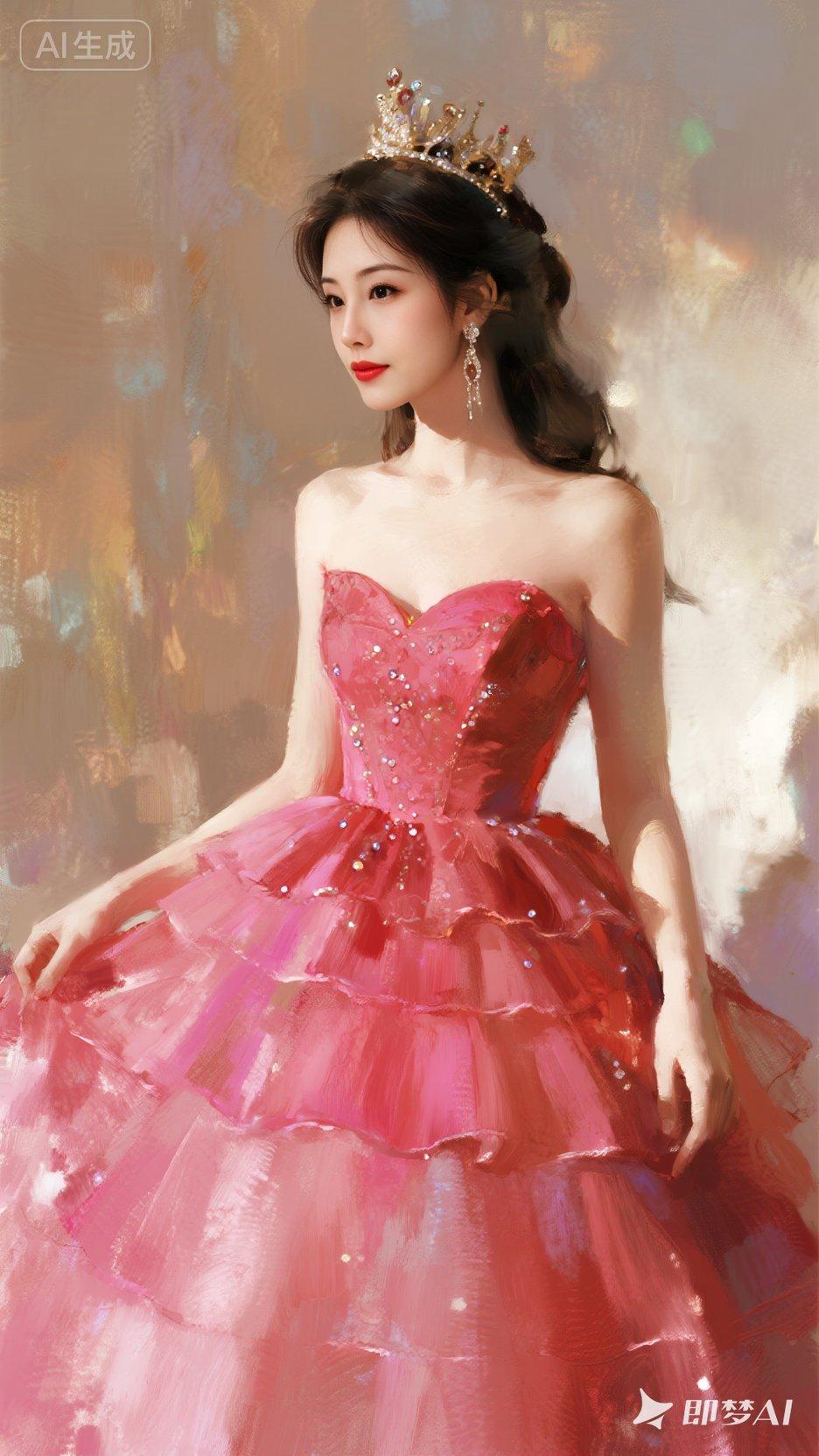 少女穿着一袭定制的暗粉红色的甜心裙；头戴王冠，轻晃的耳坠在少女精致美丽的面庞下也