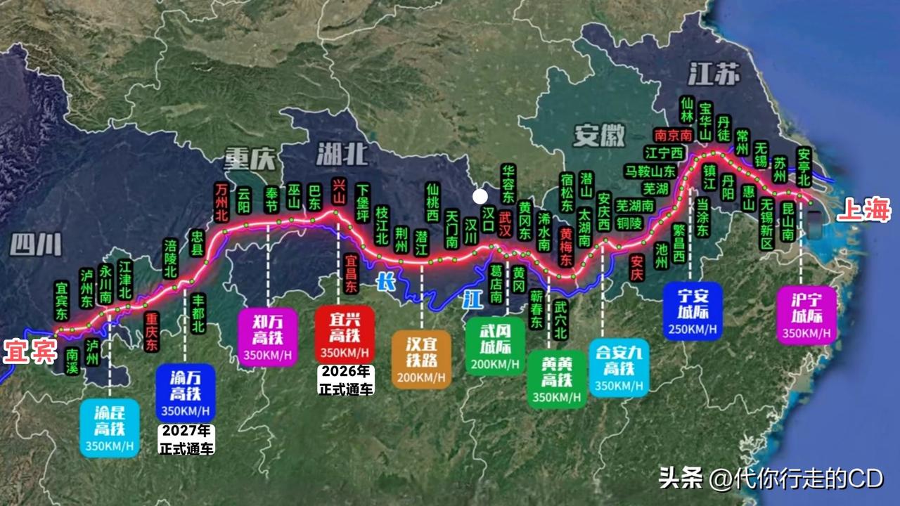 这才是真的“沿江”高铁！
从上海到宜宾，约11小时。
只差宜兴和渝万两小段了！