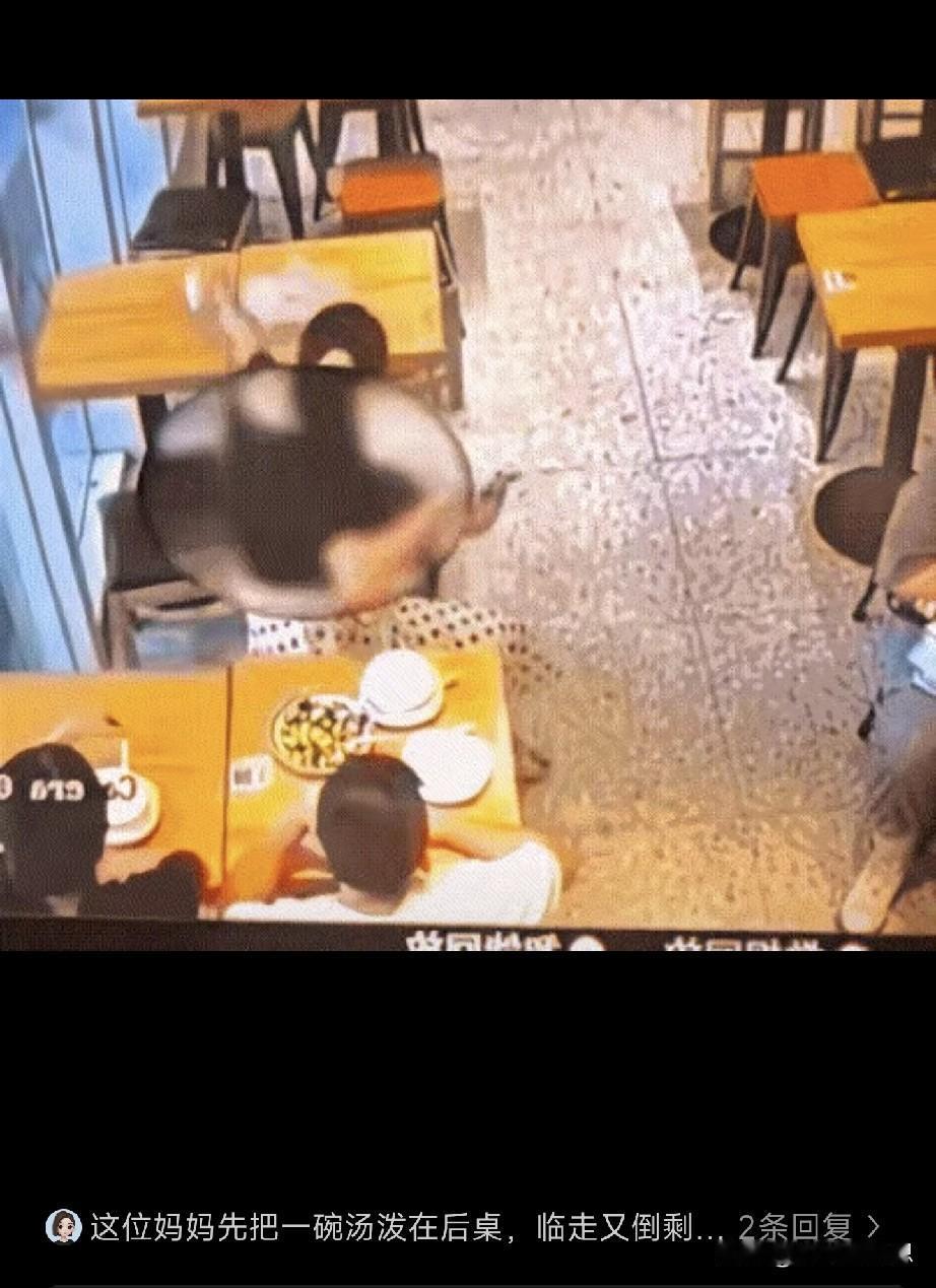 这是一窝子坏蛋！女子带两孩子在餐馆吃饭，中途女子竟当着孩子面把一碗汤倒在后面桌子