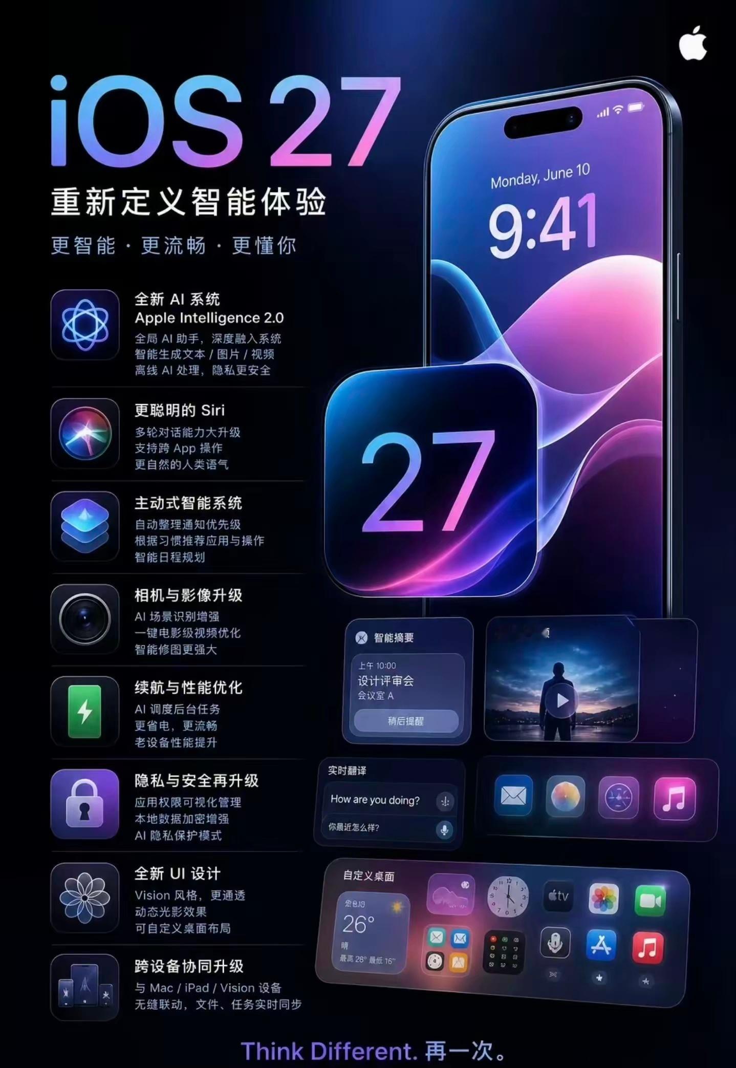 苹果全家桶集体迈入27时代苹果AI已经跳票好几年，不过今天凌晨的WWDC26，苹
