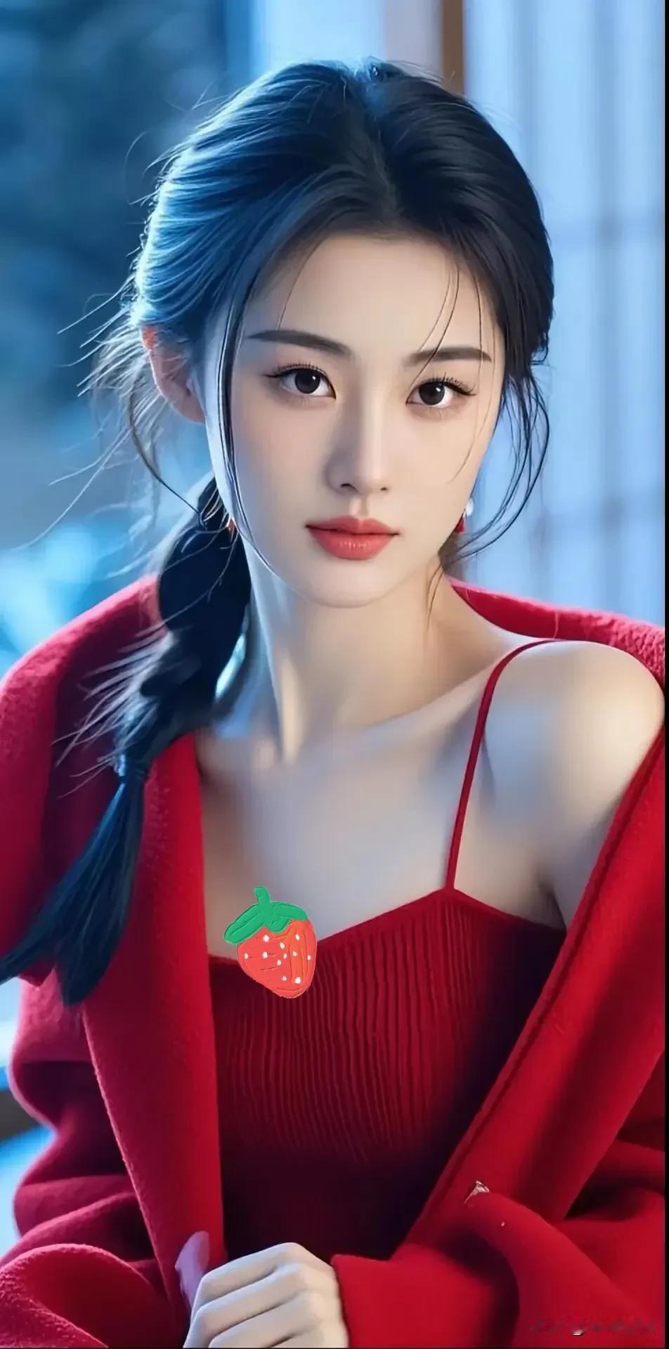 一袭红衣裹着冬日暖意，麻花辫添了几分随性慵懒，清冷眉眼撞上火红裙装，是冷冽与炽热