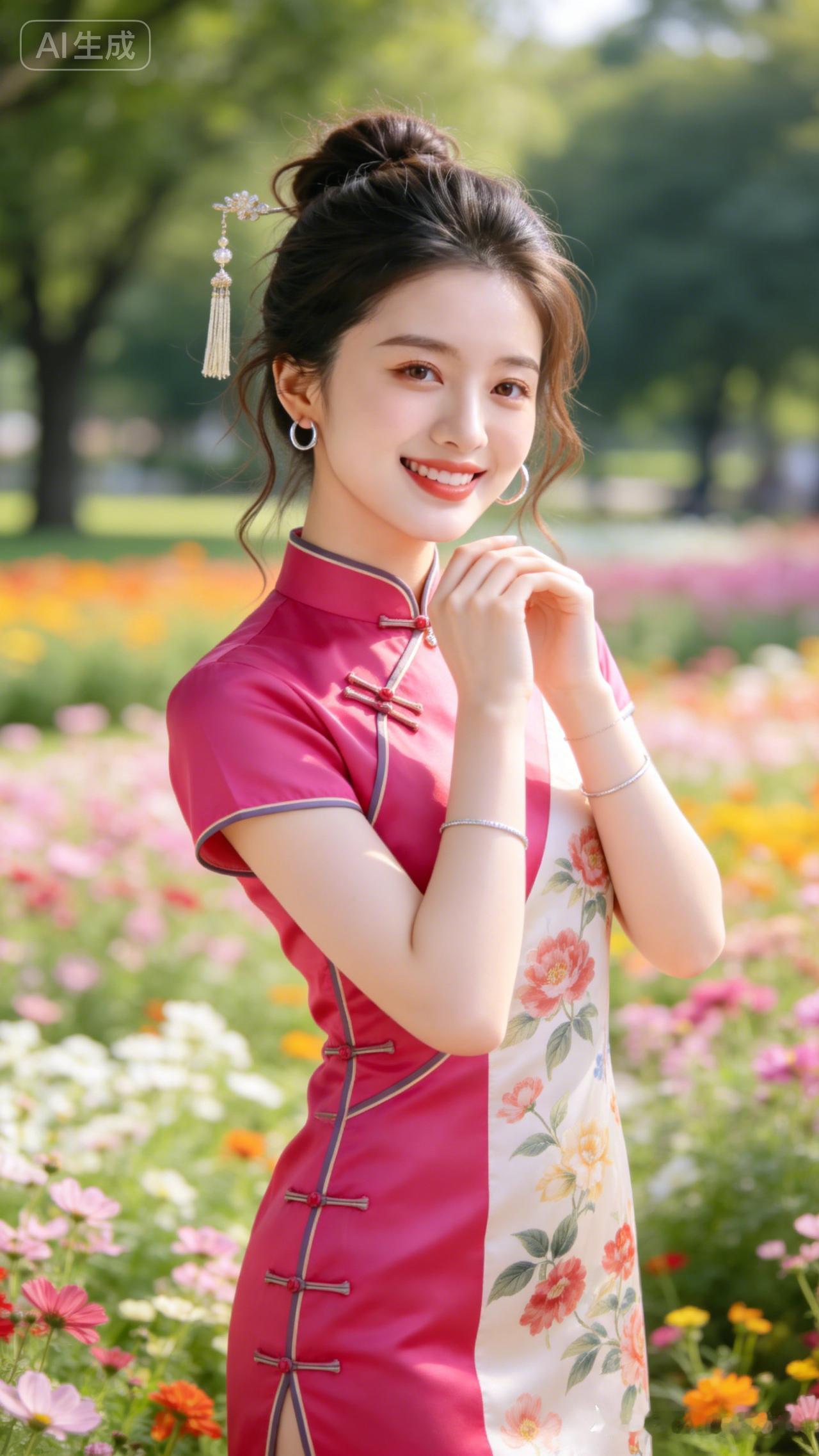 江南少女莉慧，冷白皮陶瓷水嫩肌肤，玫红撞色印花旗袍，银细手镯配经典发饰，幼态网感