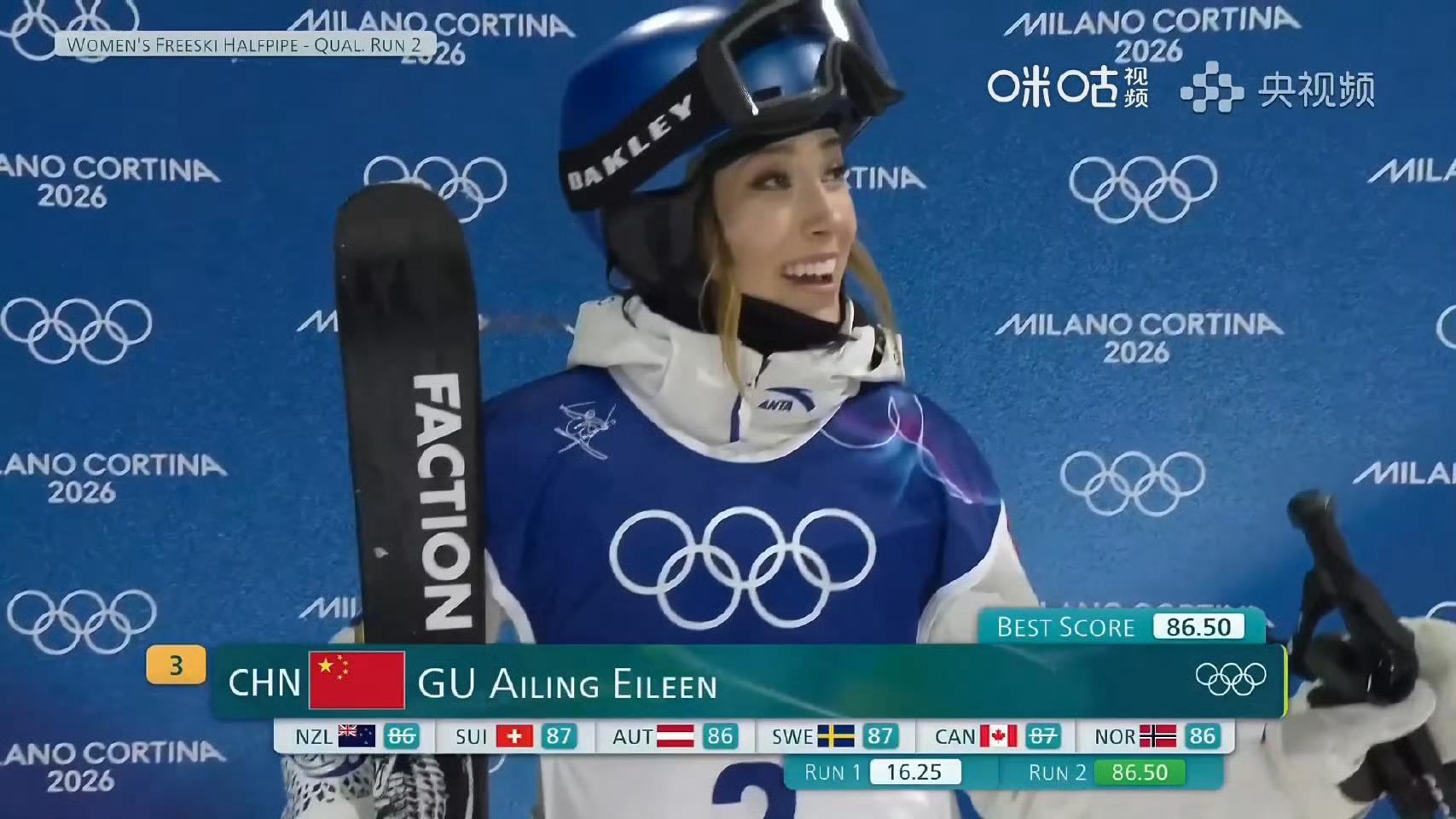 谷爱凌第二滑86.50分米兰冬奥自由式滑雪女子U型场地技巧预赛，中国选手谷爱凌第