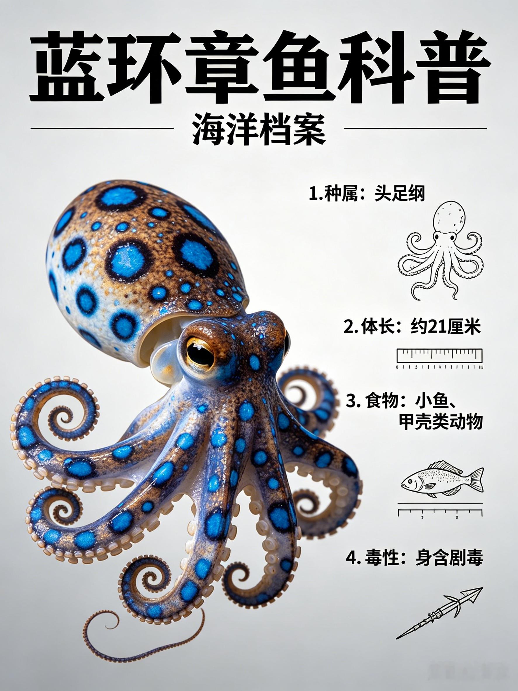 海洋朋友圈 蓝环章鱼海洋档案种　属：头足纲体　长：约21厘米食　物：小鱼、甲壳类