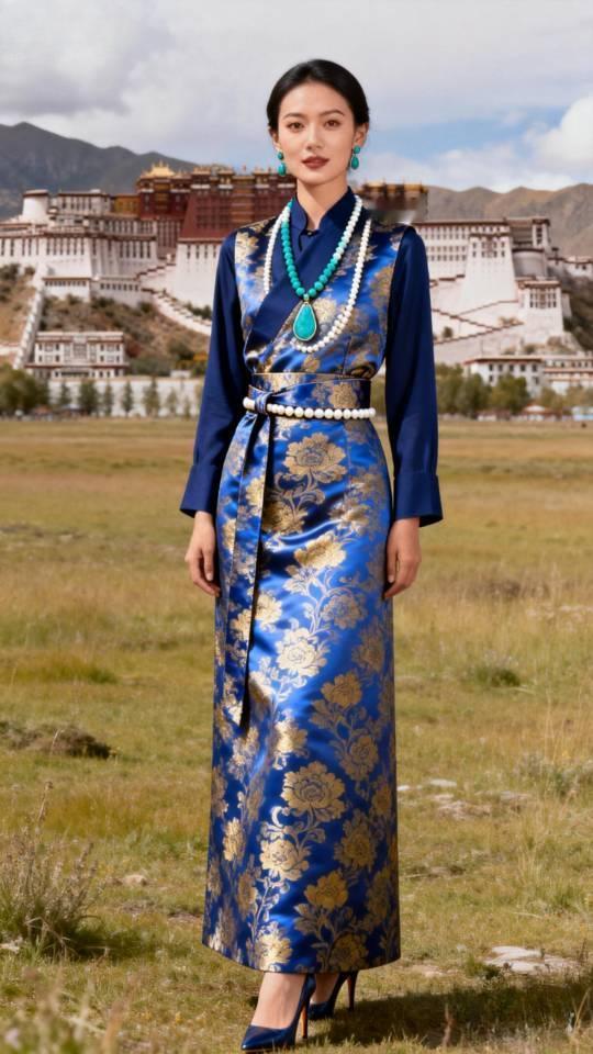 身穿藏袍的藏族女子以布达拉宫为背景摆拍。藏袍 拉萨藏族美女 西藏女子