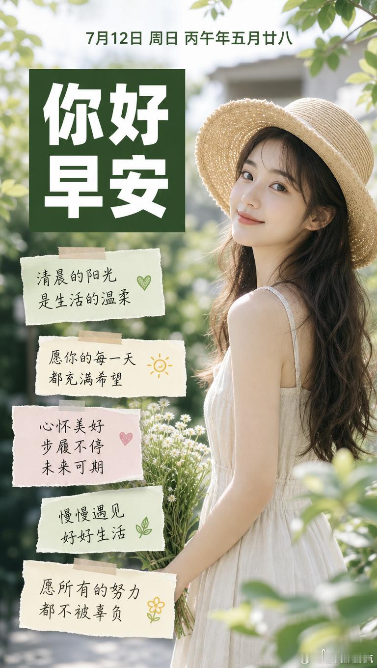 7月12日 周日 丙午年五月廿八你好早安清晨的阳光是生活的温柔愿你的每一天都充满