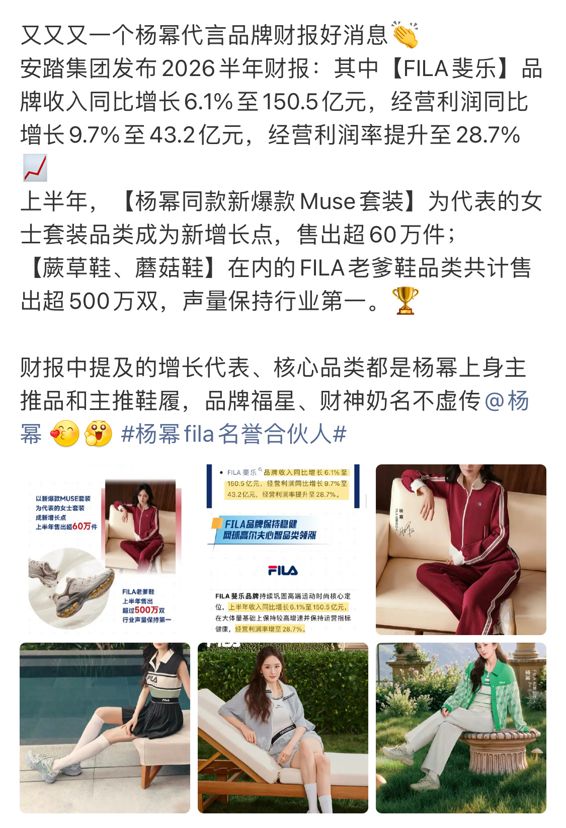 安踏集团发布2026半年财报：其中【FILA斐乐】品牌收入同比增长6.1%至15