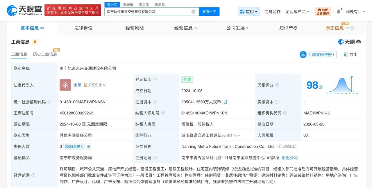 南宁轨道未来交通建设公司增资至29.5亿 增幅约36%

天眼查工商信息显示，近