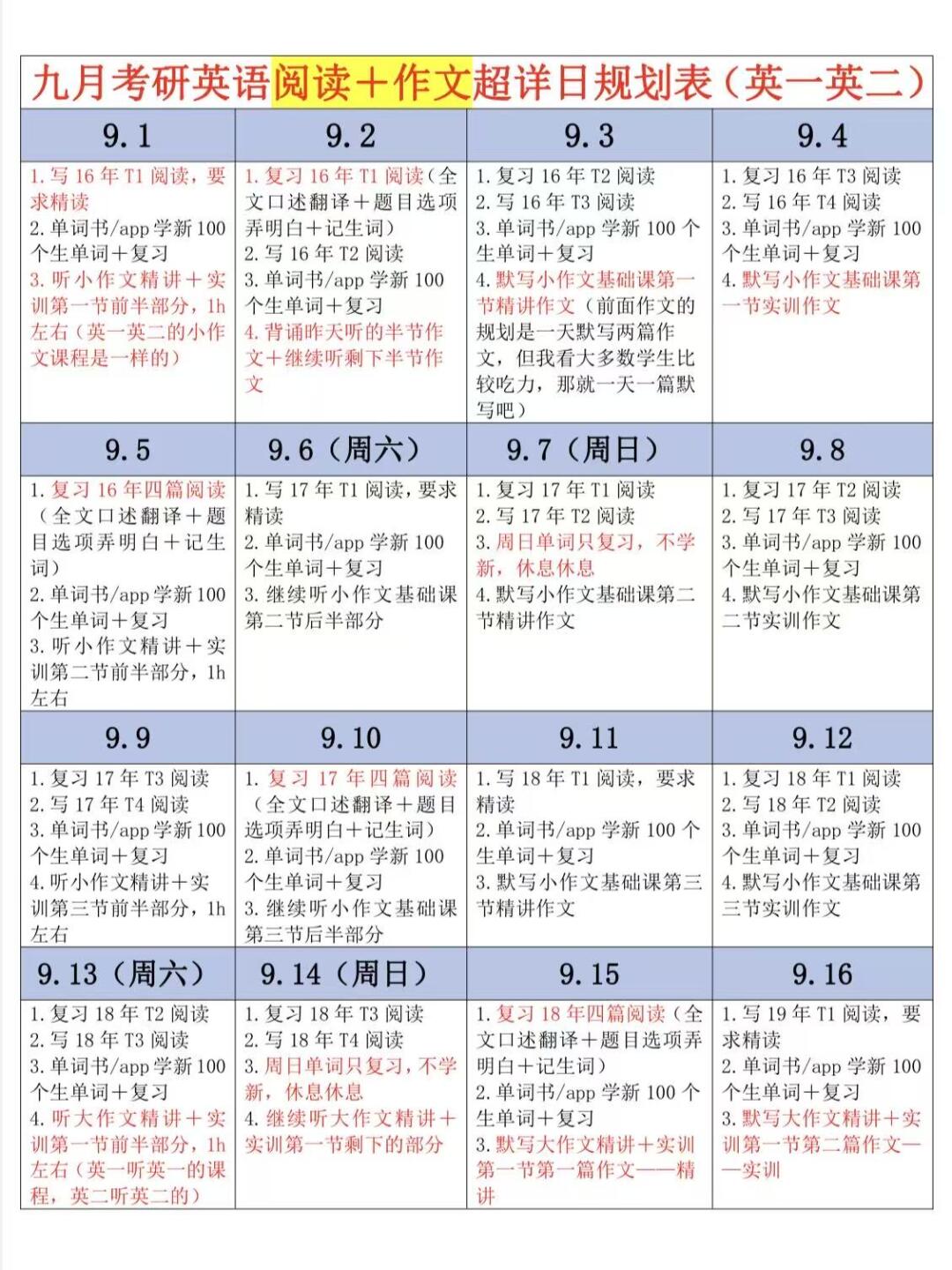 考研英语九月阅读➕作文日规划！（英一英二