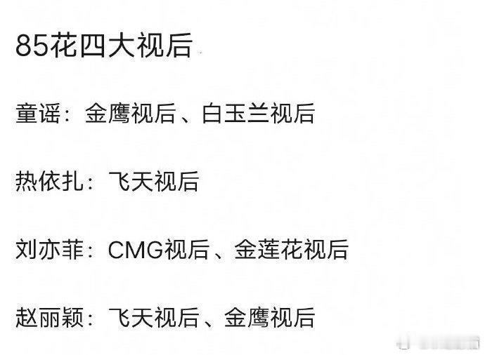 四大85花视后 ？？？不是，你们是认真的还是反串啊。先不说总台只是盛典不是奖，奖