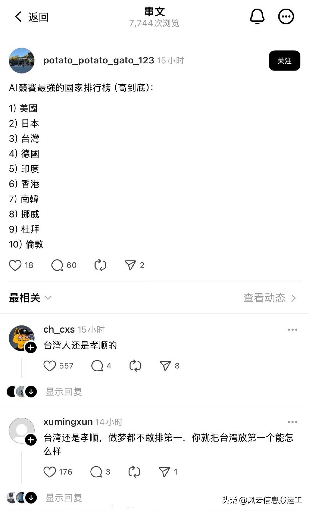 每日一笑，台湾省人排的“世界ai实力排名”