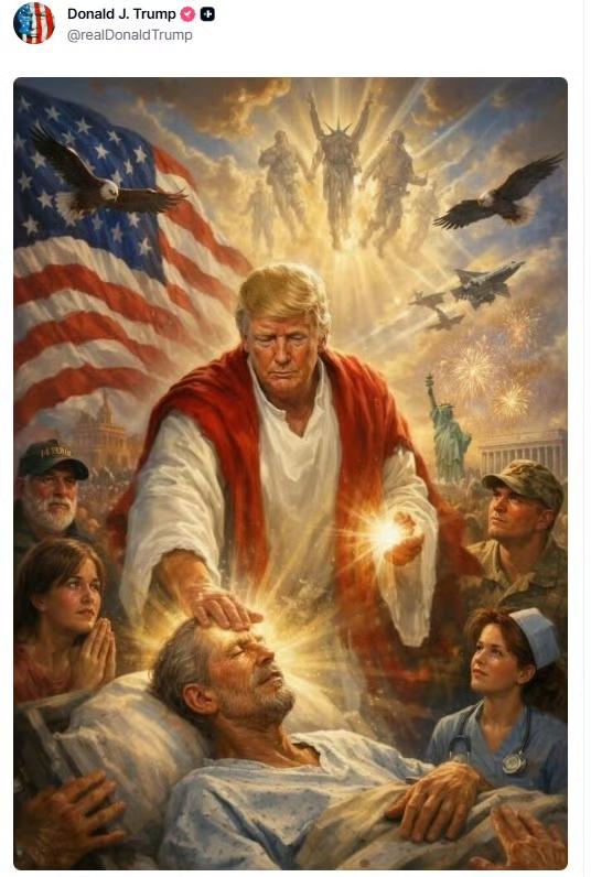 红十字会·摸顶神医·特朗普
记者：你发布了那张把自己描绘成耶稣基督的照片吗？
特