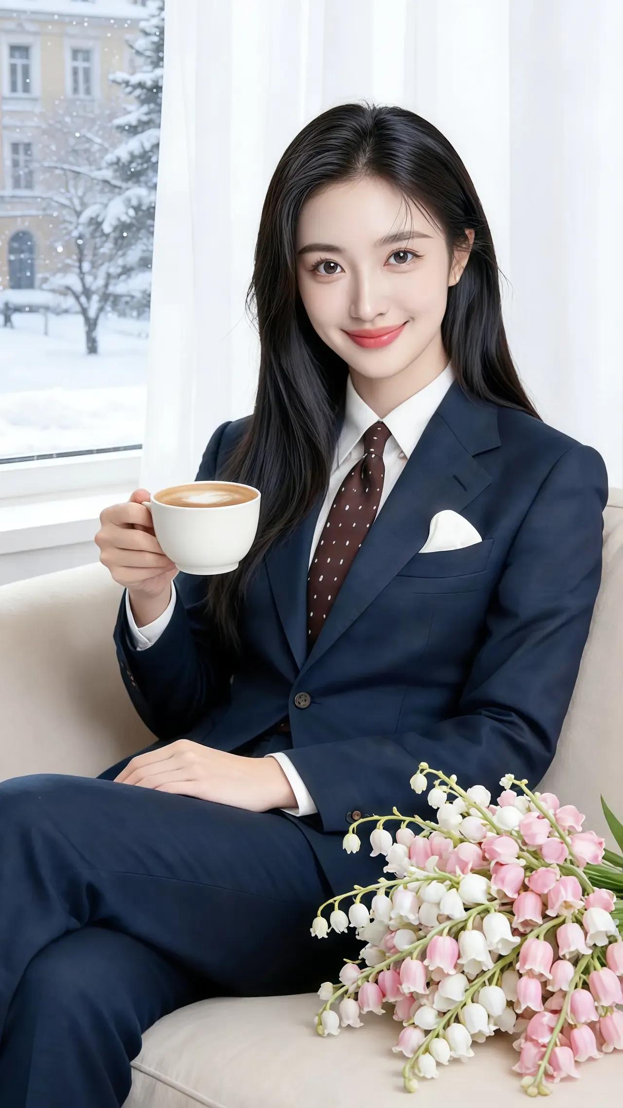 冬日暖阳下，优雅女郎轻啜咖啡，享受宁静时光。