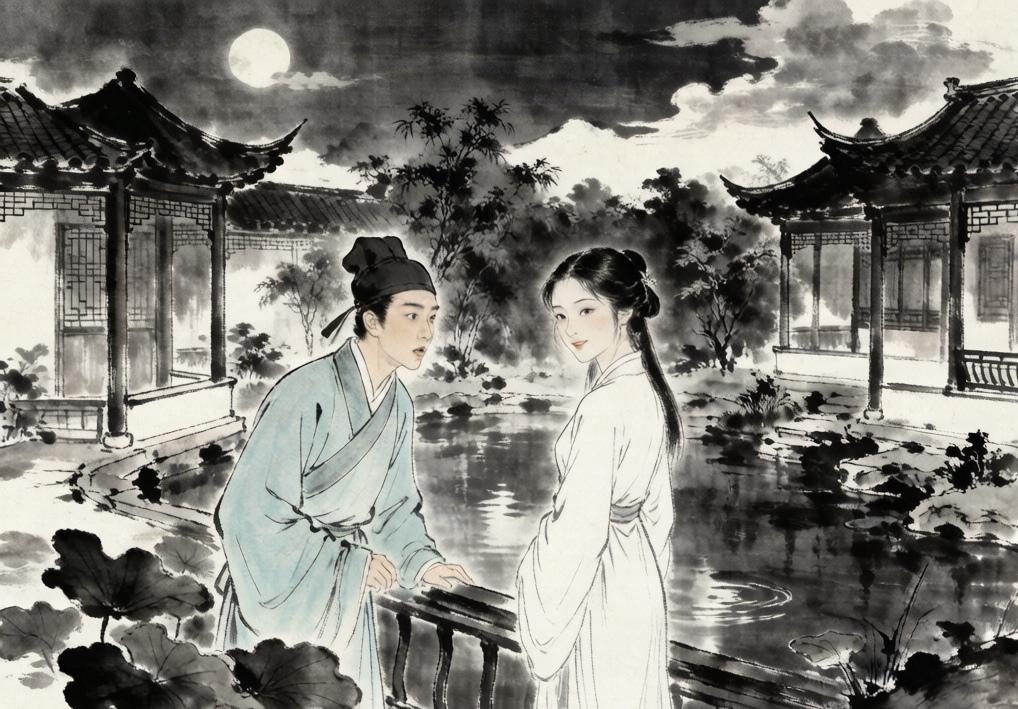 明朝时一天深夜，会稽人陈文田纳凉独坐，凭栏望月。忽见池边出现一位素衣女子，身姿娉