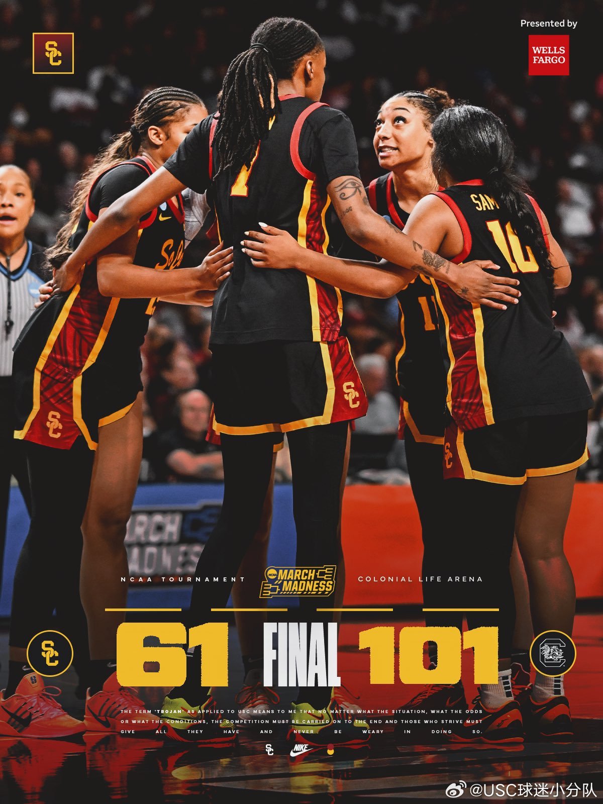 在今天结束的NCAA女篮锦标赛第二轮中，USC 61-101负于头号种子也是今年
