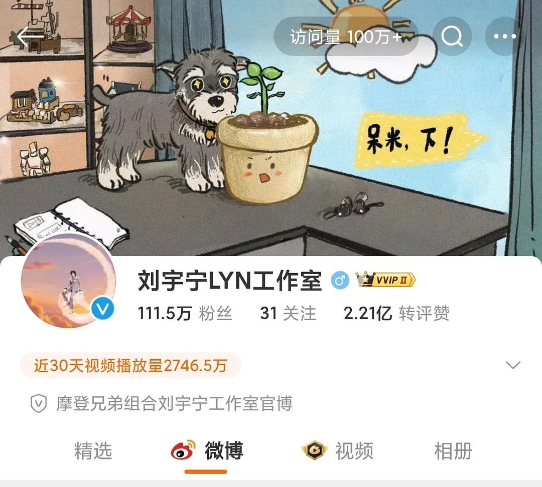 刘宇宁工作室的访问量又破百万了 ​​​