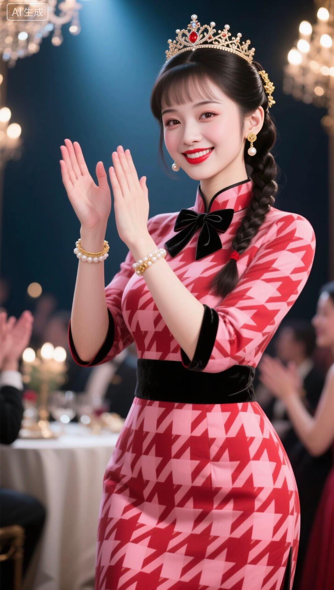 红衣美人笑，玉冠映光辉。