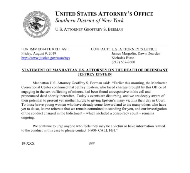 美国司法部曾准备了一份新闻声明，声称杰弗里·爱泼斯坦于2019年8月9日自杀——