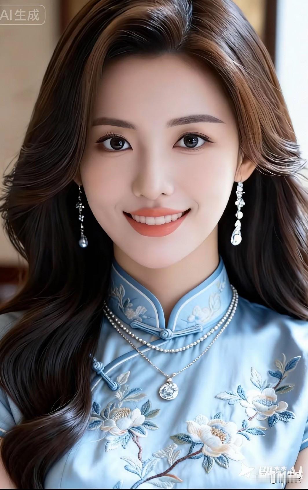 冰蓝旗袍，秀外慧中
温婉雅致，东方韵味
眉清目秀，美若冠玉
出水芙蓉，千娇百媚