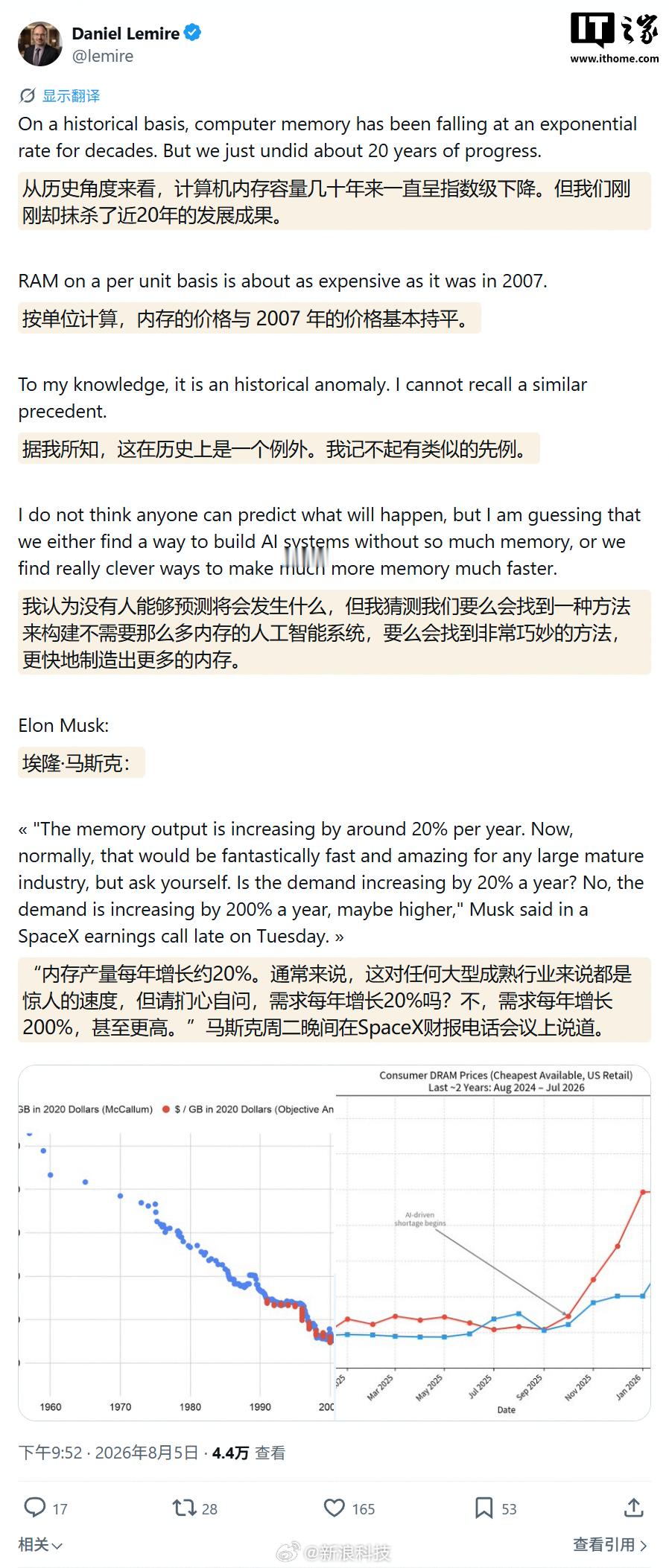 【内存价格涨回2007年水平】专家称内存降价20年进程逆转加拿大魁北克大学（TE