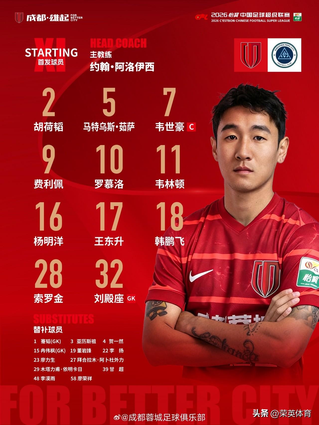 今天晚上19:35分，中超联赛揭幕战将在成都蓉城主场五体中心打响！
   本场中