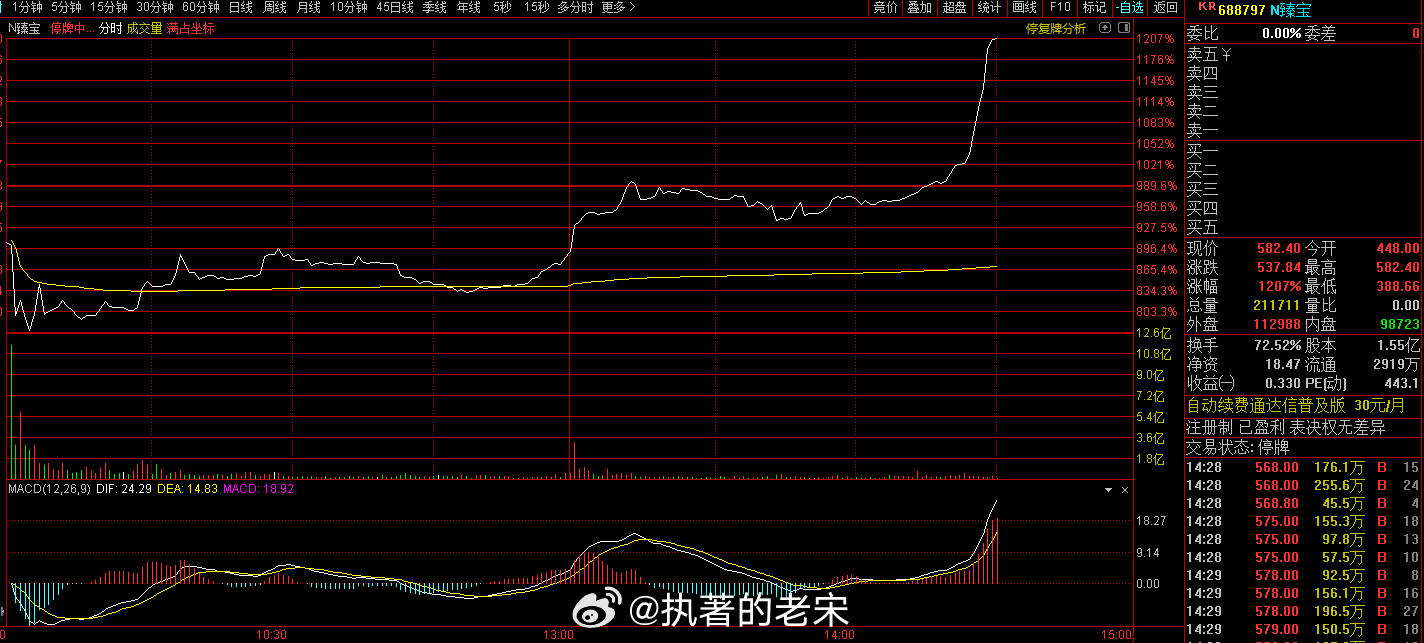 新股N臻宝尾盘持续拉升涨超1200%触发临停 