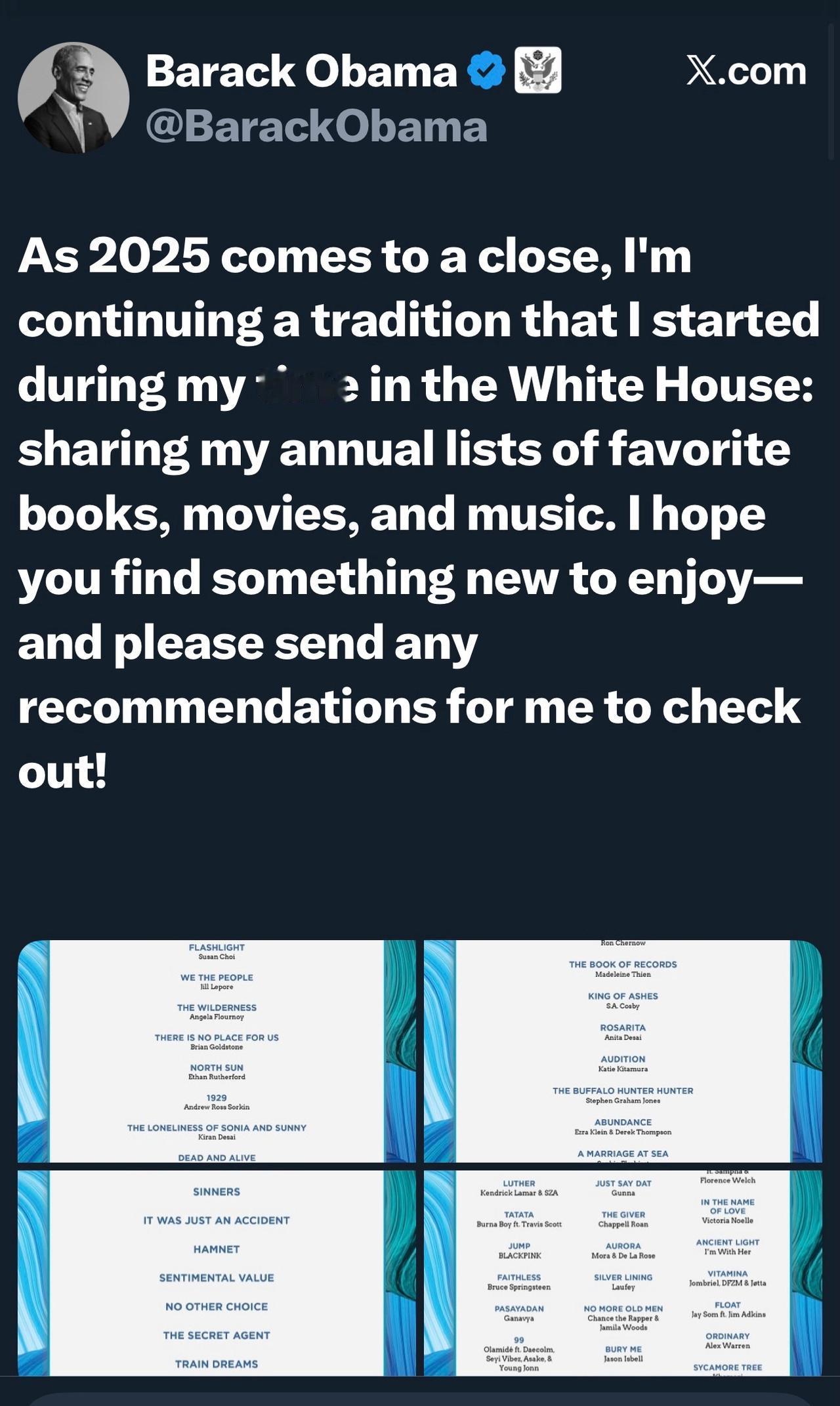 美国前总统奥巴马发推分享2025年度最喜欢的书籍、电影、音乐清单：

“2025