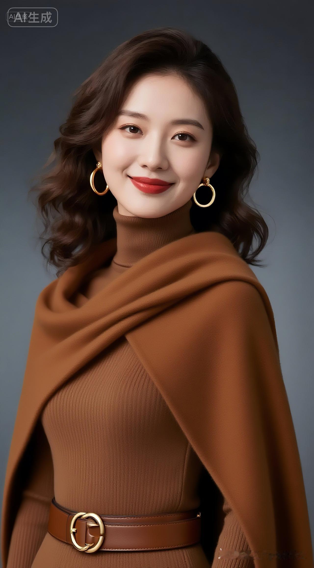优雅红唇，复古耳环，棕色穿搭，时尚大片！